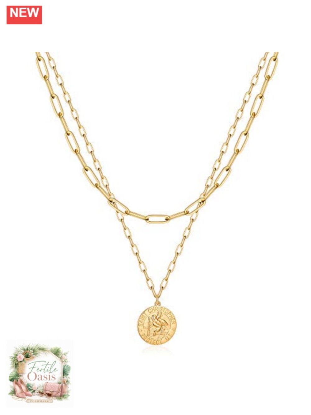 14K-Gold-Plated Coin Pendant Necklace Layered Paperclip Chain Women Gift